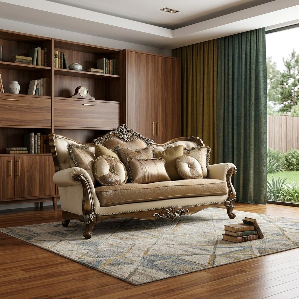 89" Tan Polyester Blend Curved Floral Sofa And Toss Pillows With Brown Legs in a home interior