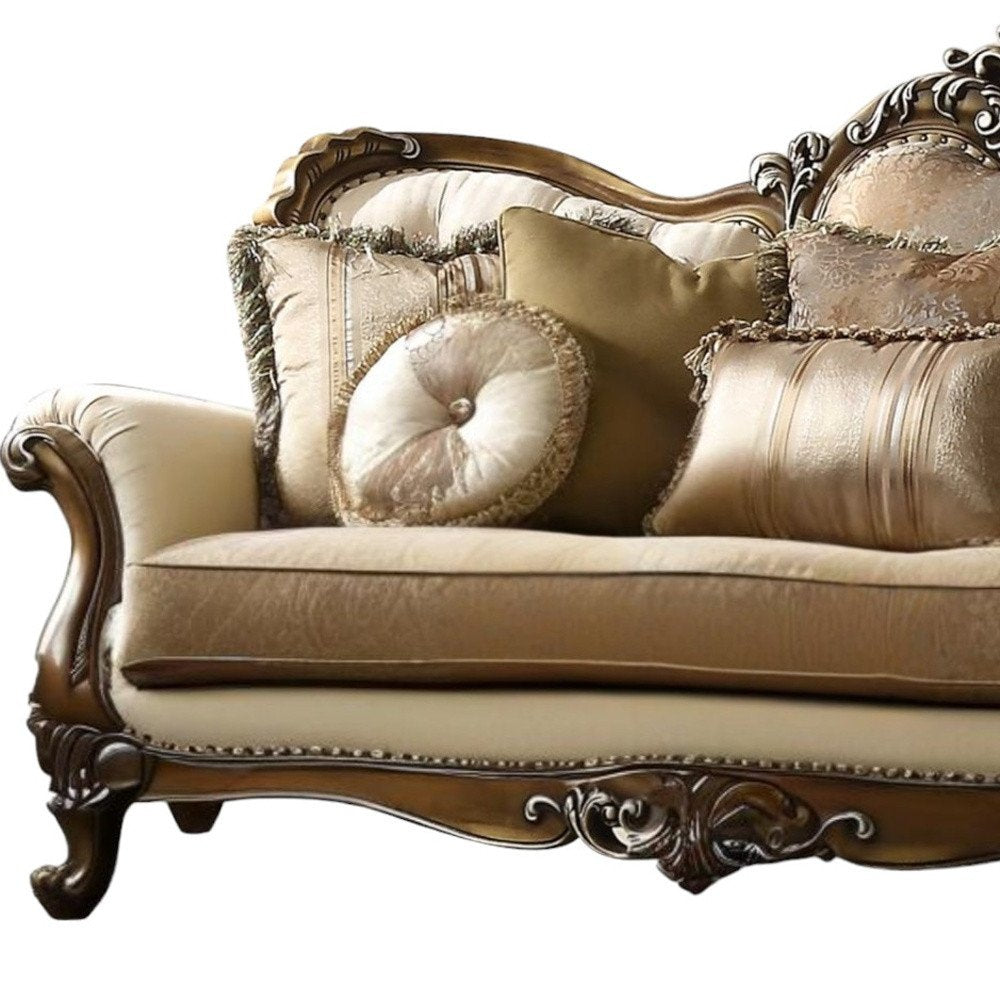 89" Tan Polyester Blend Curved Floral Sofa And Toss Pillows With Brown Legs on a white background
