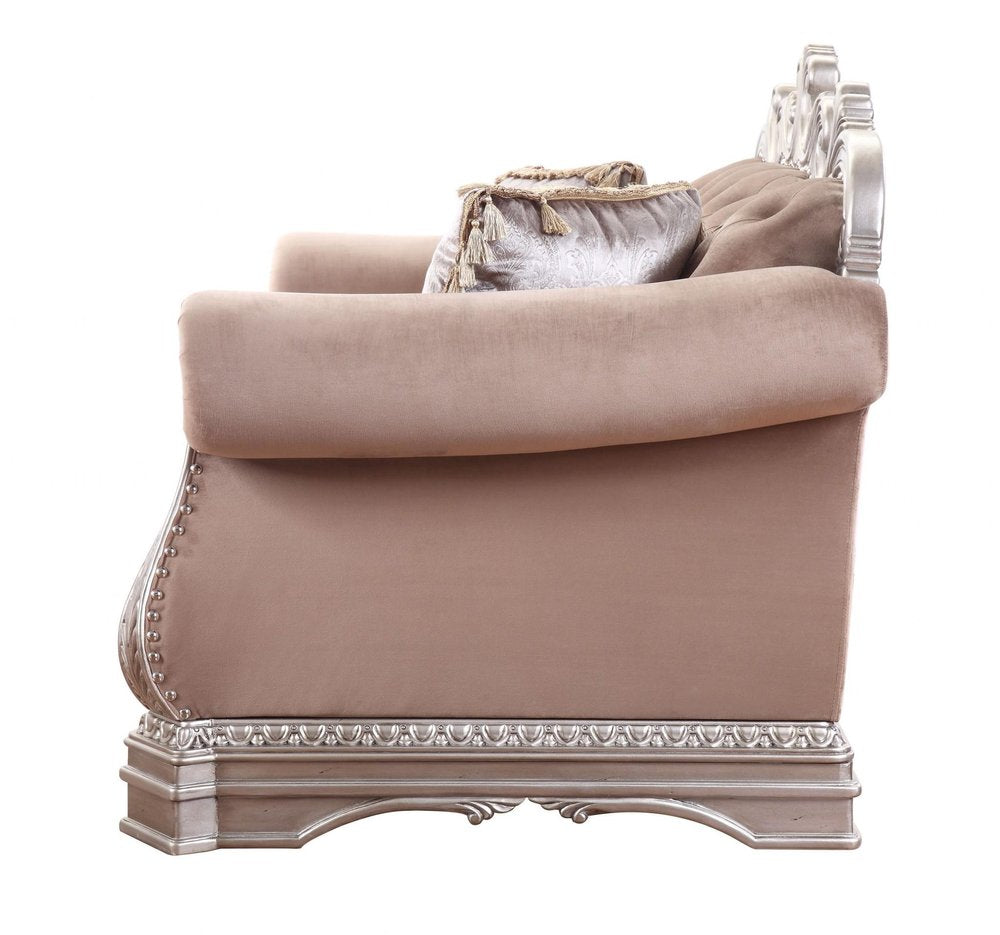 80" Champagne Velour Loveseat and Toss Pillows on a white background