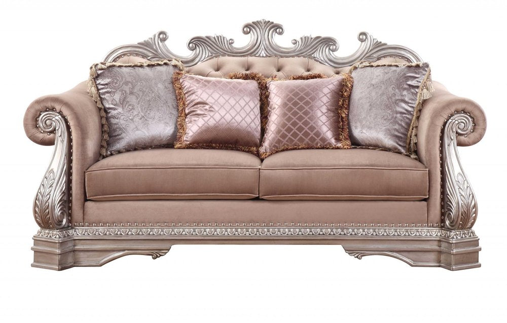80" Champagne Velour Loveseat and Toss Pillows on a white background