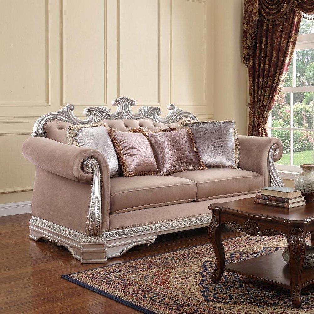 80" Champagne Velour Loveseat and Toss Pillows in a home interior
