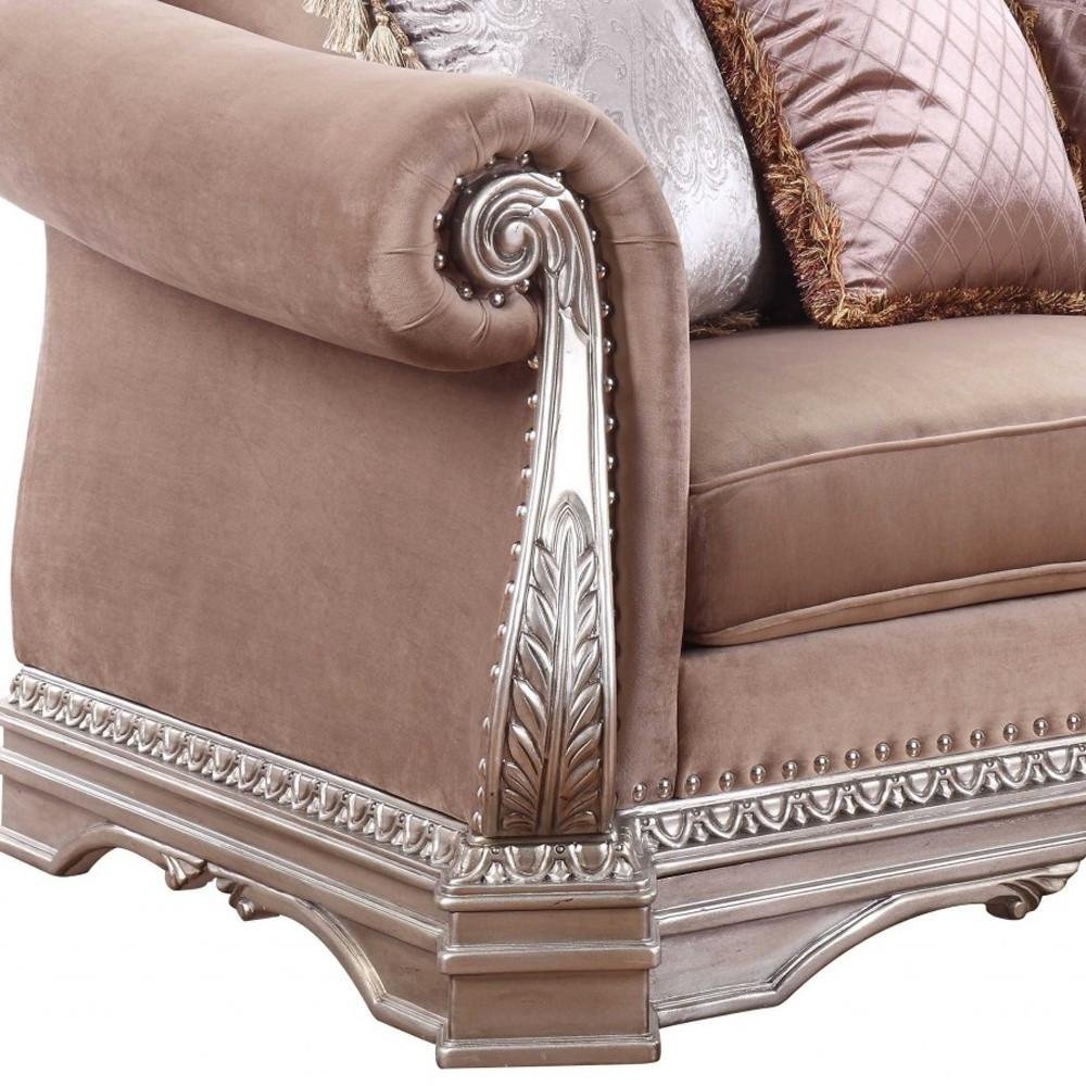 80" Champagne Velour Loveseat and Toss Pillows close-up detail