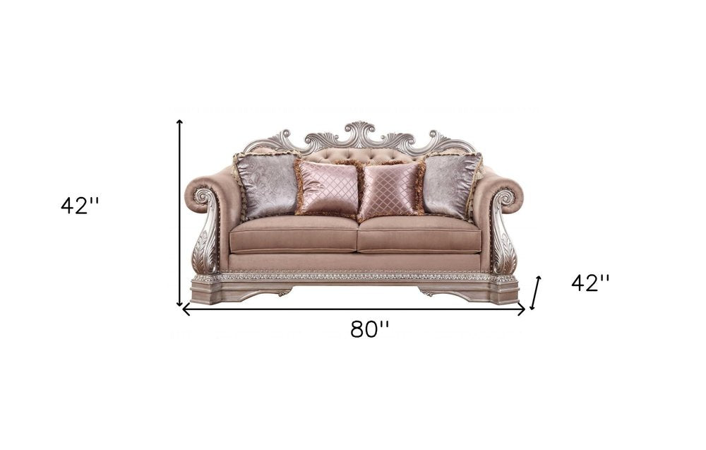 80" Champagne Velour Loveseat and Toss Pillows on a white background