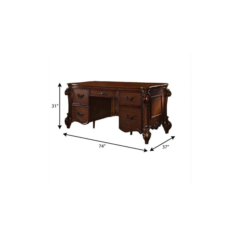 74" Brown Executive Desk With Five Drawers on a white background