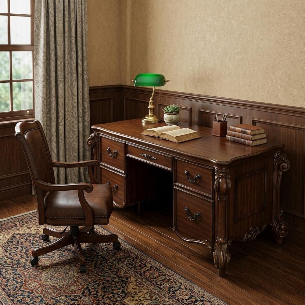 74" Brown Executive Desk With Five Drawers