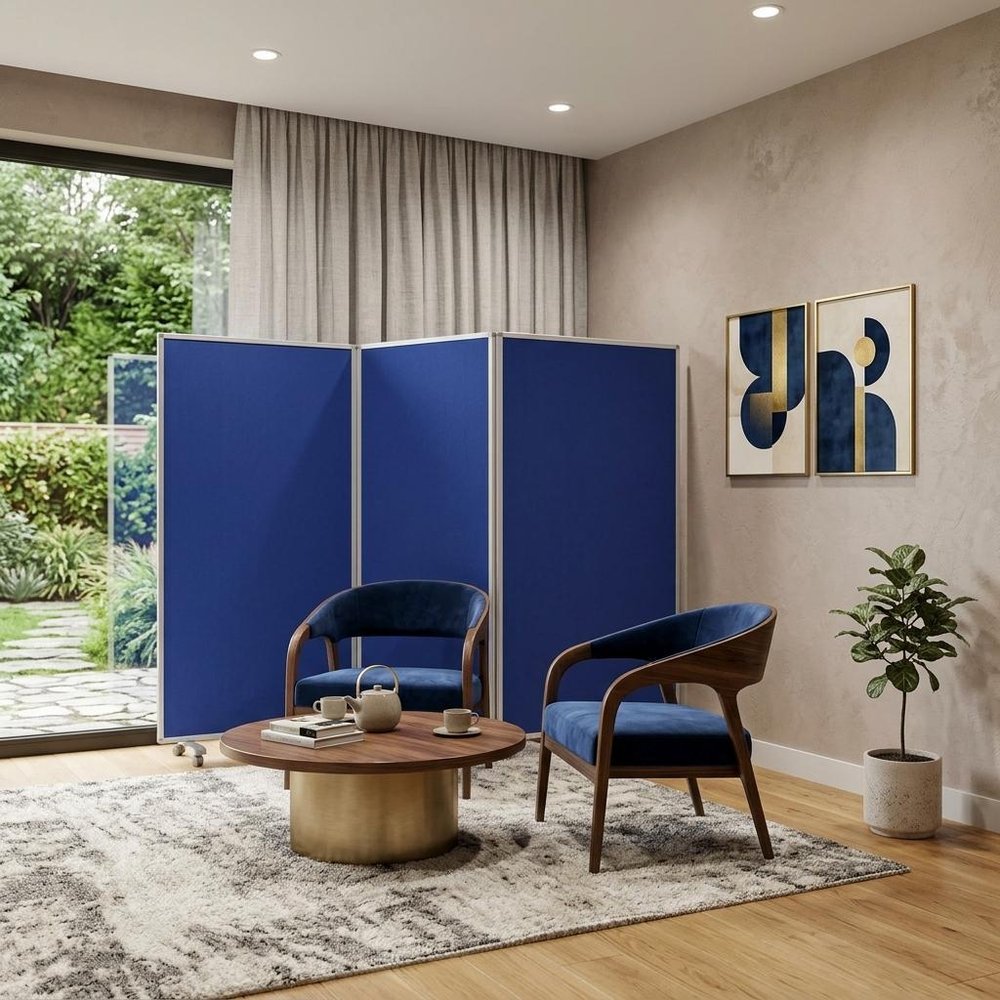 71" Blue Iron Folding Three Panel Screen Room Divider
