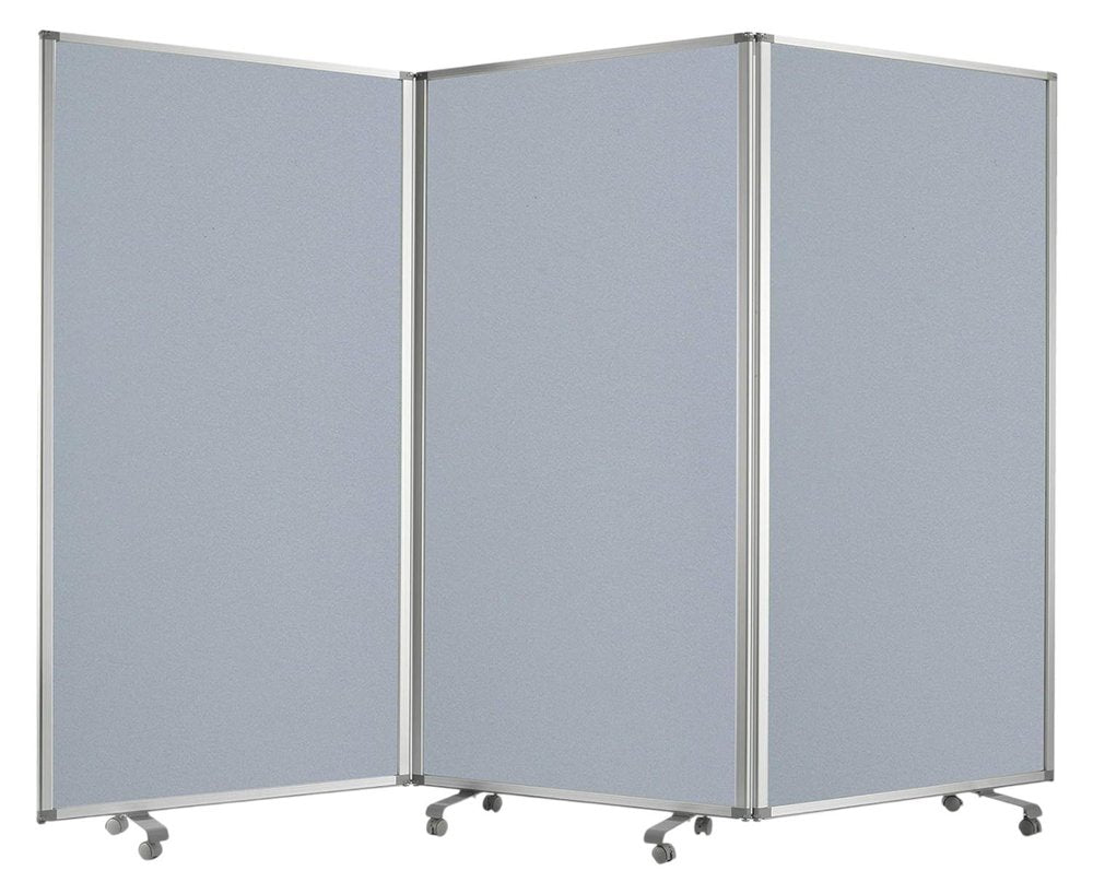 71" Gray Iron Folding Three Panel Screen Room Divider on a white background