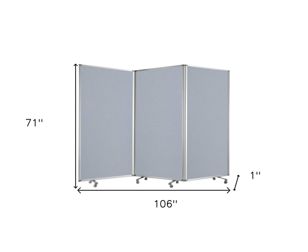 71" Gray Iron Folding Three Panel Screen Room Divider on a white background