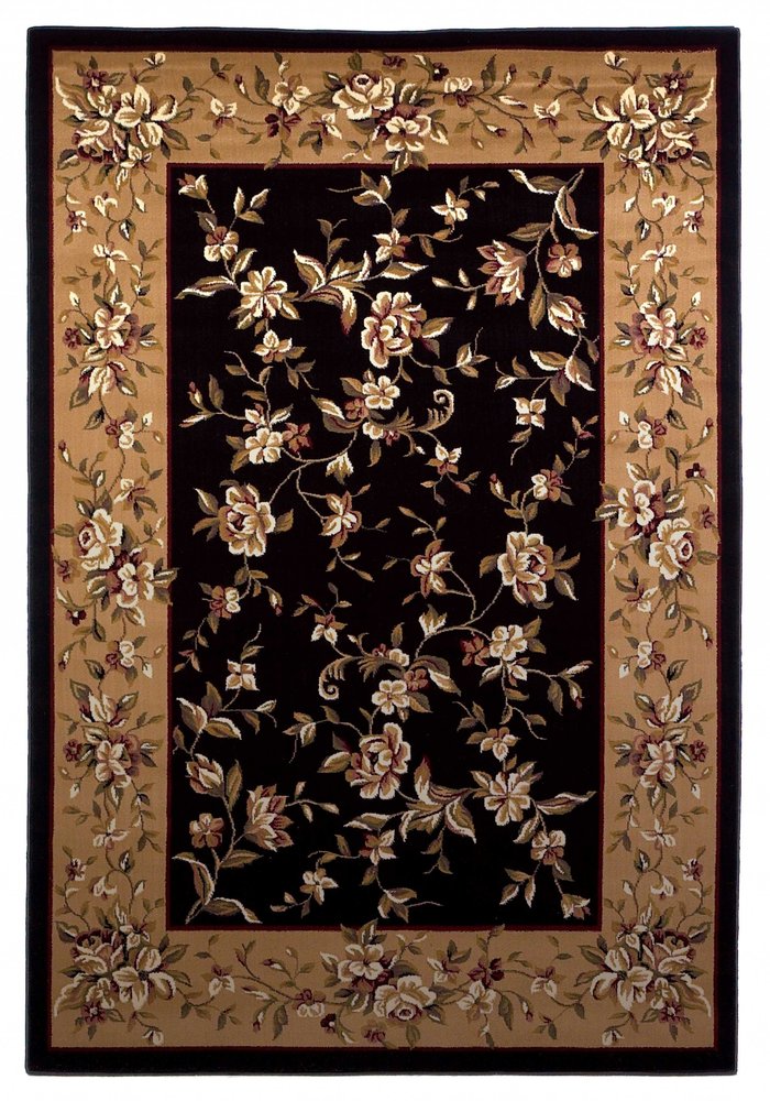 9' X 13' Tan Black And Beige Floral Vines Area Rug close-up detail