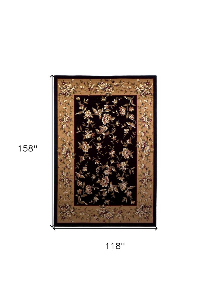 9' X 13' Tan Black And Beige Floral Vines Area Rug on a white background