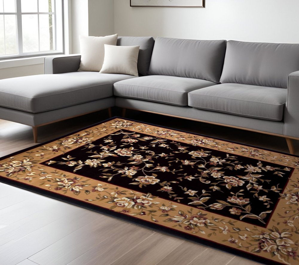 9' X 13' Tan Black And Beige Floral Vines Area Rug close-up detail