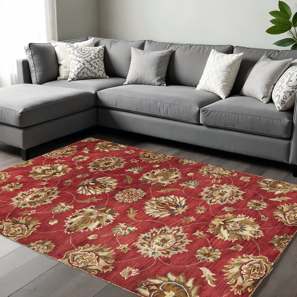 9' X 13' Red Ivory And Brown Wool Floral Hand Tufted Area Rug