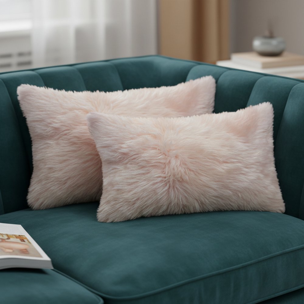 Set Of Two Blush Genuine Sheepskin Lumbar Accent Pillows