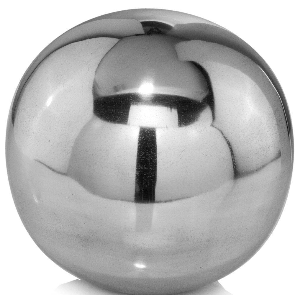 3" Silver Metal Decorative Orb. Sculpture isolated on a plain white background, showing a silver metal surface.
