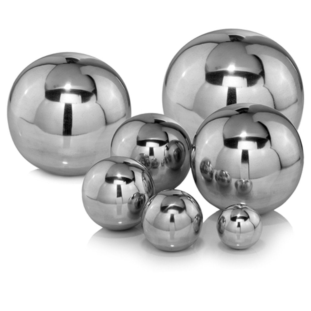 6" X 6" X 6" Buffed Polished Sphere. Sculpture isolated on a plain white background, finished in silver metal.