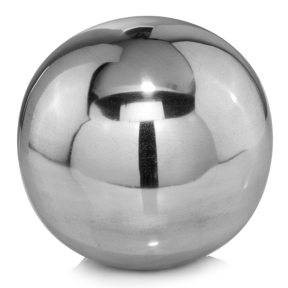 6" X 6" X 6" Buffed Polished Sphere. Sculpture isolated on a plain white background, finished in silver metal.