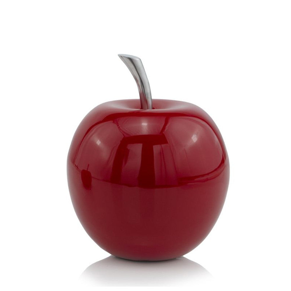 6" Red Aluminum Decorative Apple Tabletop Sculpture. Sculpture isolated on a plain white background, finished in red metal.