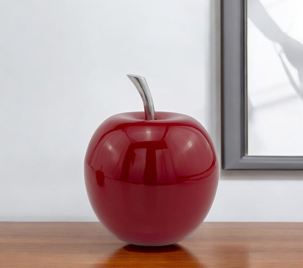 6" Red Aluminum Decorative Apple Tabletop Sculpture. Sculpture in red metal.