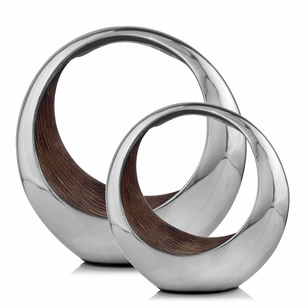 16" Silver and Brown Buffed Aluminum Tabletop Sculpture. Sculpture isolated on a plain white background, in a silver metal finish.