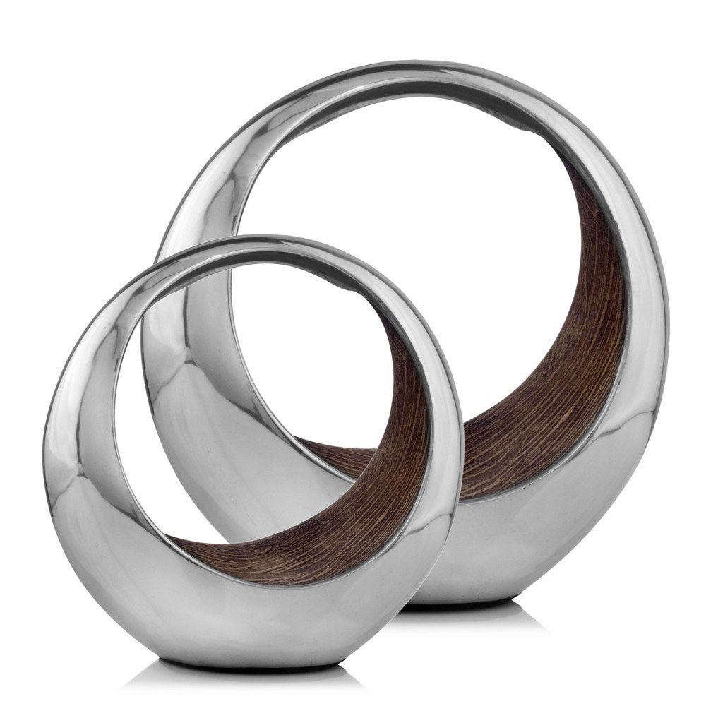 16" Silver and Brown Buffed Aluminum Tabletop Sculpture. Sculpture isolated on a plain white background, finished in silver metal.