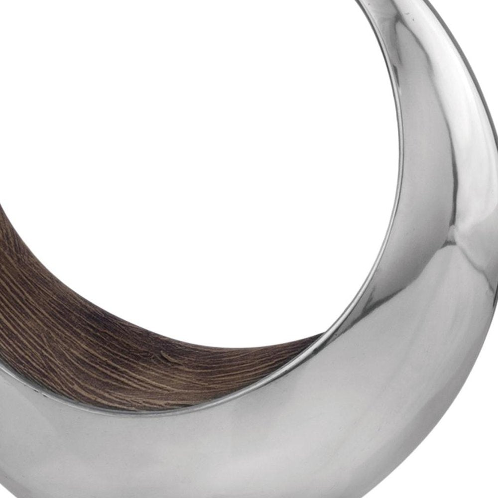 16" Silver and Brown Buffed Aluminum Tabletop Sculpture. Sculpture isolated on a plain white background, in a silver metal finish.
