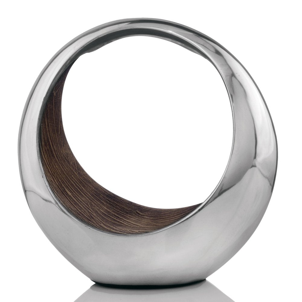 16" Silver and Brown Buffed Aluminum Tabletop Sculpture. Sculpture isolated on a plain white background, finished in silver metal.