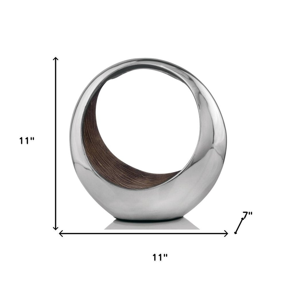 16" Silver and Brown Buffed Aluminum Tabletop Sculpture. Sculpture isolated on a plain white background, showing a silver metal surface.