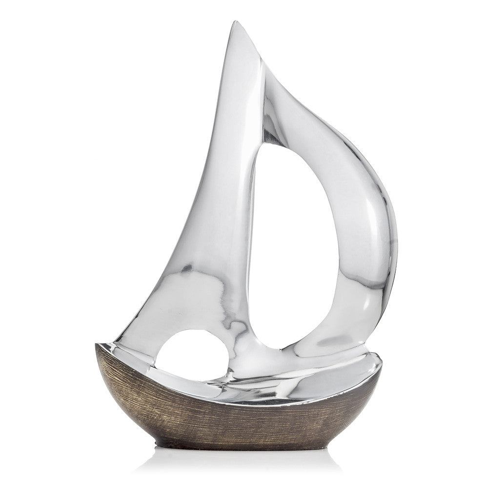 12" Brown and Silver Buffed Aluminum Sailboat Tabletop Sculpture. Sculpture isolated on a plain white background, in a silver metal finish.