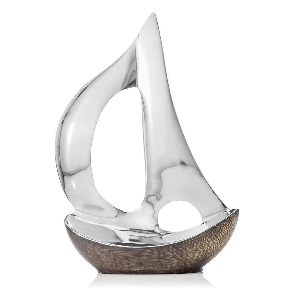 12" Brown and Silver Buffed Aluminum Sailboat Tabletop Sculpture. Sculpture isolated on a plain white background, finished in silver metal.