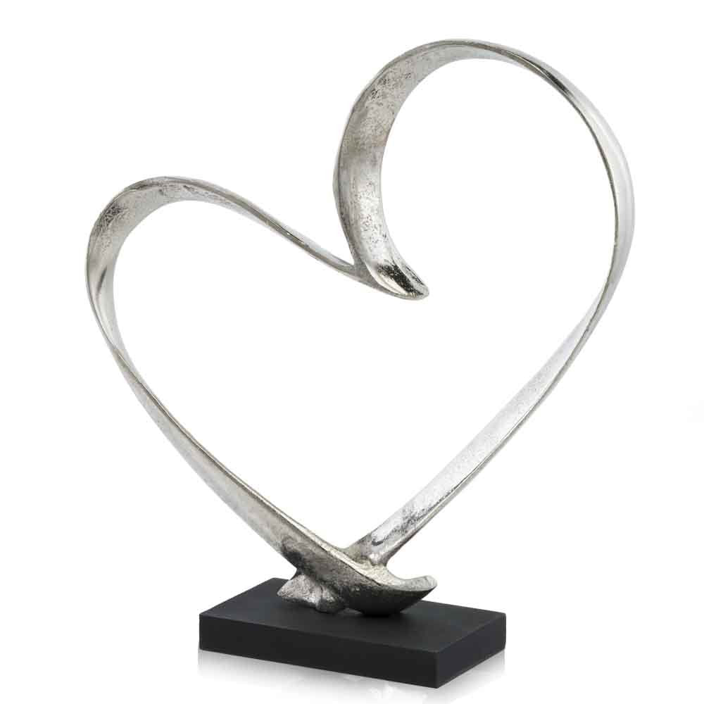 16" Raw Silver And Black Heart Sculpture. Sculpture isolated on a plain white background, in a silver finish.