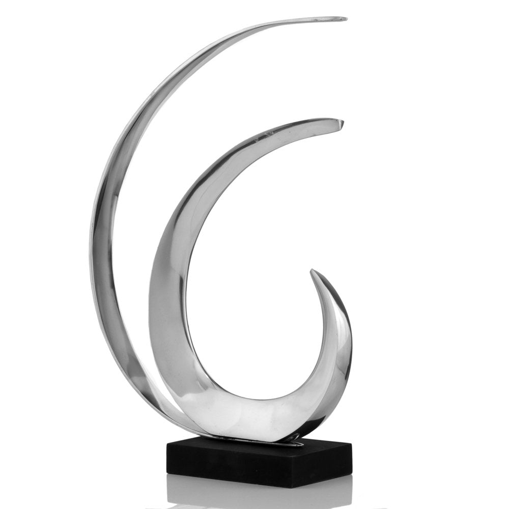 18" Black and Silver Buffed Aluminum Tabletop Sculpture. Sculpture isolated on a plain white background, finished in silver metal.