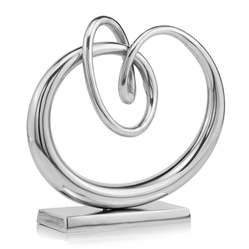 17" Silver Buffed Aluminum Modern Abstract Tabletop Sculpture. Sculpture isolated on a plain white background, showing a silver metal surface.