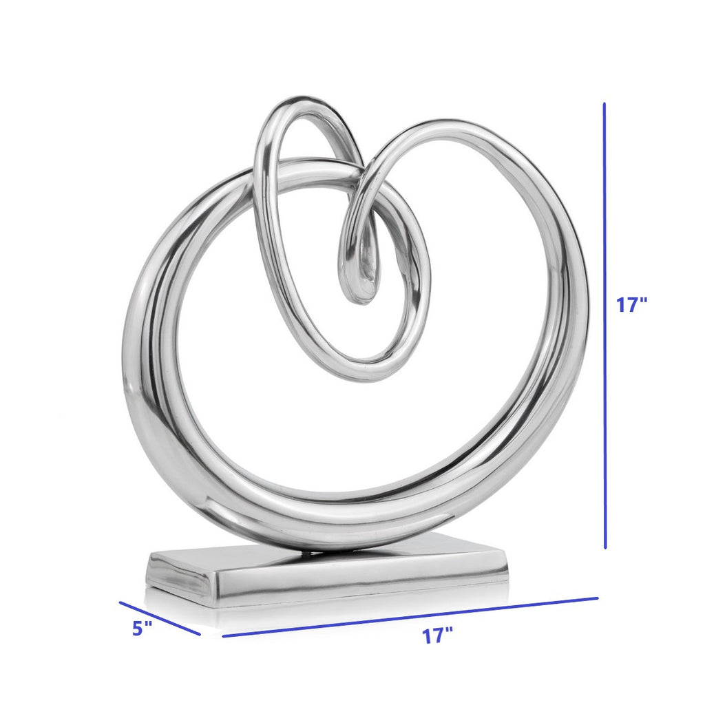 17" Silver Buffed Aluminum Modern Abstract Tabletop Sculpture. Sculpture isolated on a plain white background, finished in silver metal.