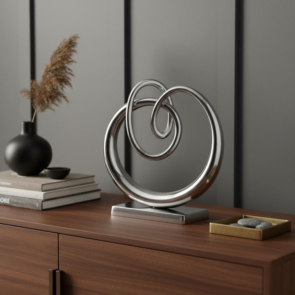 17" Silver Buffed Aluminum Modern Abstract Tabletop Sculpture styled in a furnished interior with a gray wall on a dark wood floor.