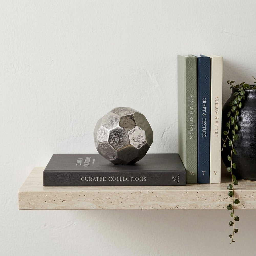 4" Silver Rough Hewn Faceted Sphere. Sculpture isolated on a plain white background, showing a metal surface.