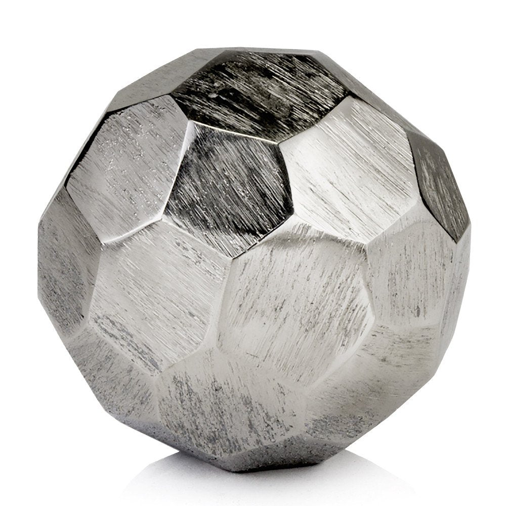 4" Silver Rough Hewn Faceted Sphere. Sculpture isolated on a plain white background, in a silver metal finish.