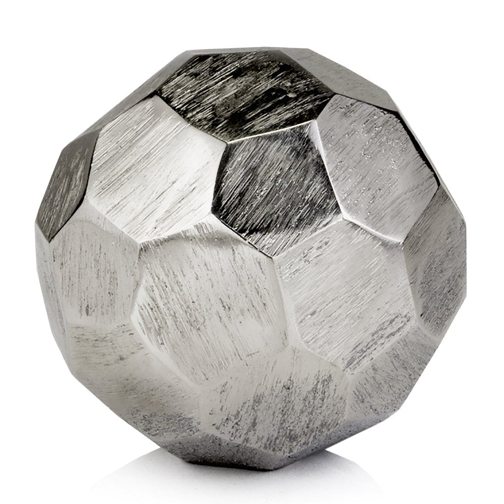 4" Silver Rough Hewn Faceted Sphere. Sculpture isolated on a plain white background, showing a silver metal surface.