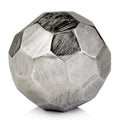 4" Silver Rough Hewn Faceted Sphere. Sculpture isolated on a plain white background, showing a silver metal surface.