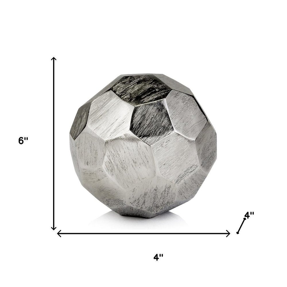 4" Silver Rough Hewn Faceted Sphere. Sculpture isolated on a plain white background, showing a silver metal surface.