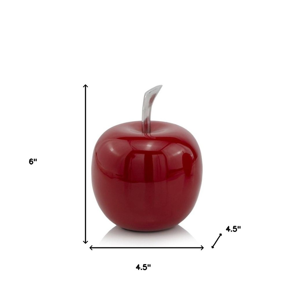 6" Red Aluminum Decorative Apple Tabletop Sculpture. Sculpture isolated on a plain white background, in a red metal finish.