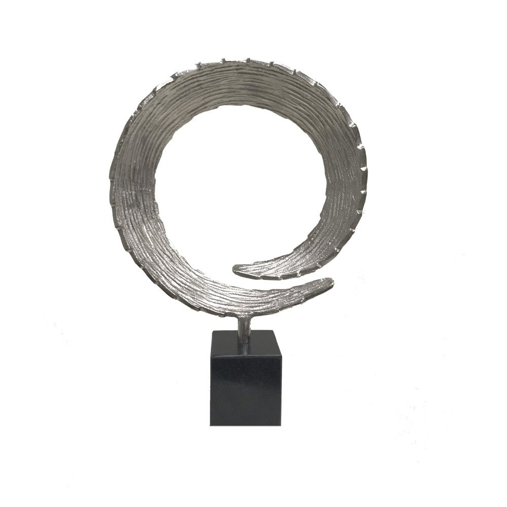 17" Black and Silver Marble and Aluminum Tabletop Sculpture. Sculpture isolated on a plain white background, in a silver metal finish.