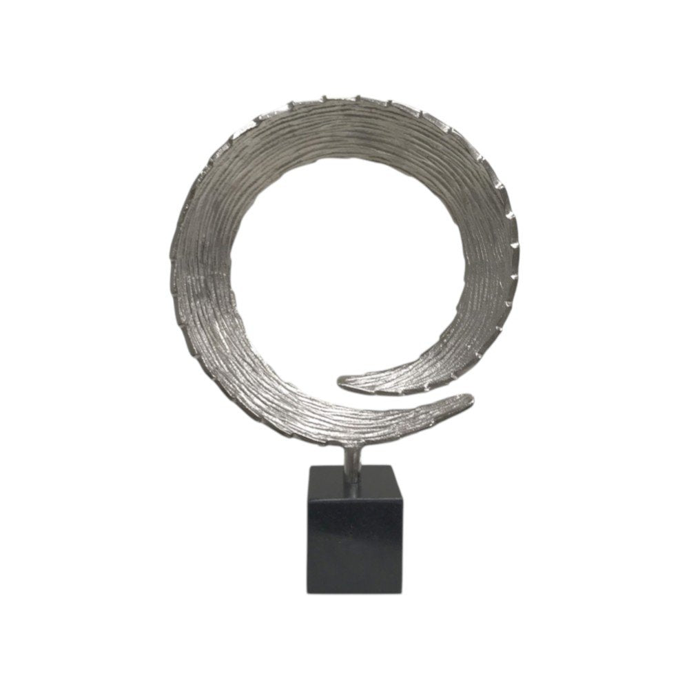 17" Black and Silver Marble and Aluminum Tabletop Sculpture. Sculpture isolated on a plain white background, in a silver metal finish.