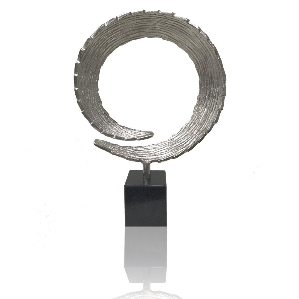17" Black and Silver Marble and Aluminum Tabletop Sculpture. Sculpture isolated on a plain white background, finished in silver metal.