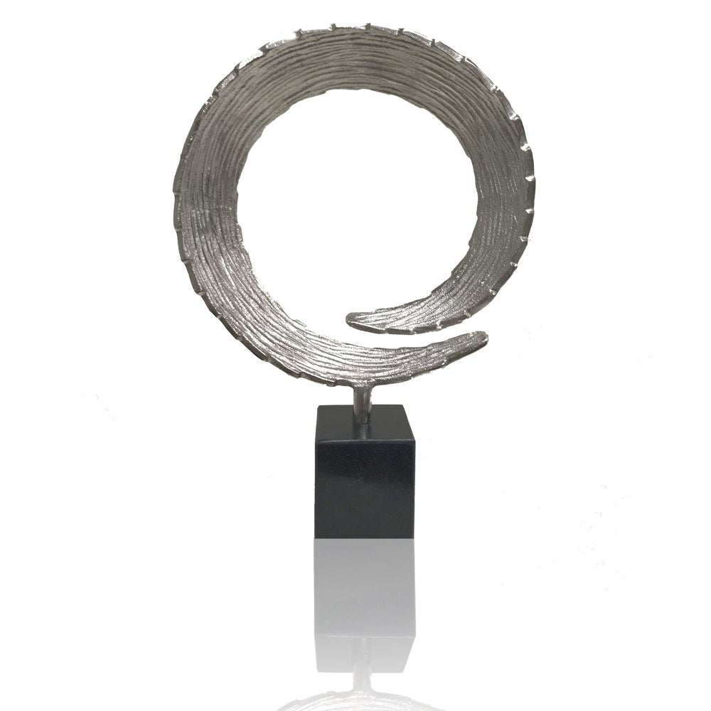 17" Black and Silver Marble and Aluminum Tabletop Sculpture. Sculpture isolated on a plain white background, showing a silver metal surface.