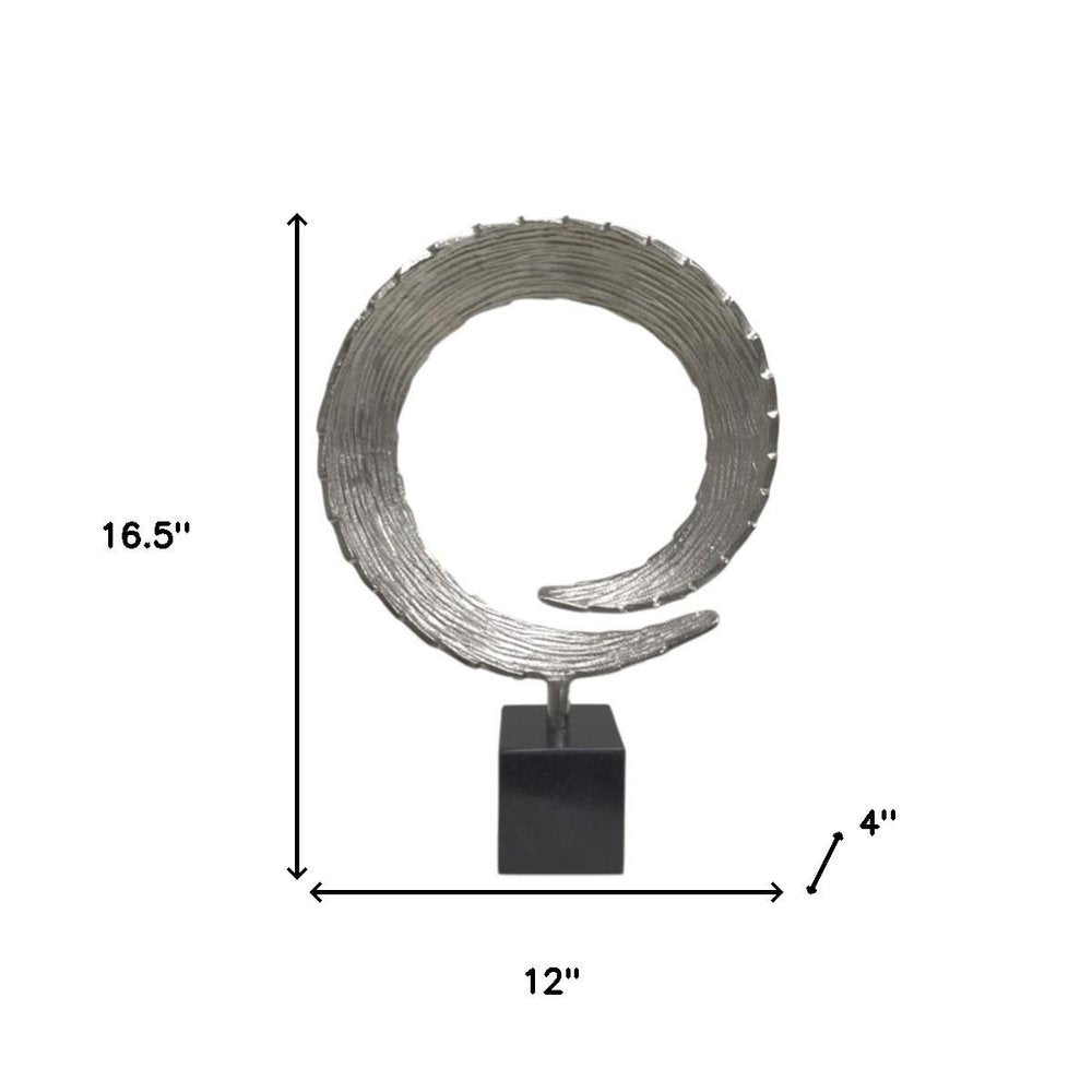 17" Black and Silver Marble and Aluminum Tabletop Sculpture. Sculpture isolated on a plain white background, finished in silver metal.