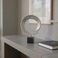 Detail view of 17" Black and Silver Marble and Aluminum Tabletop Sculpture, filling the frame with the silver metal texture.