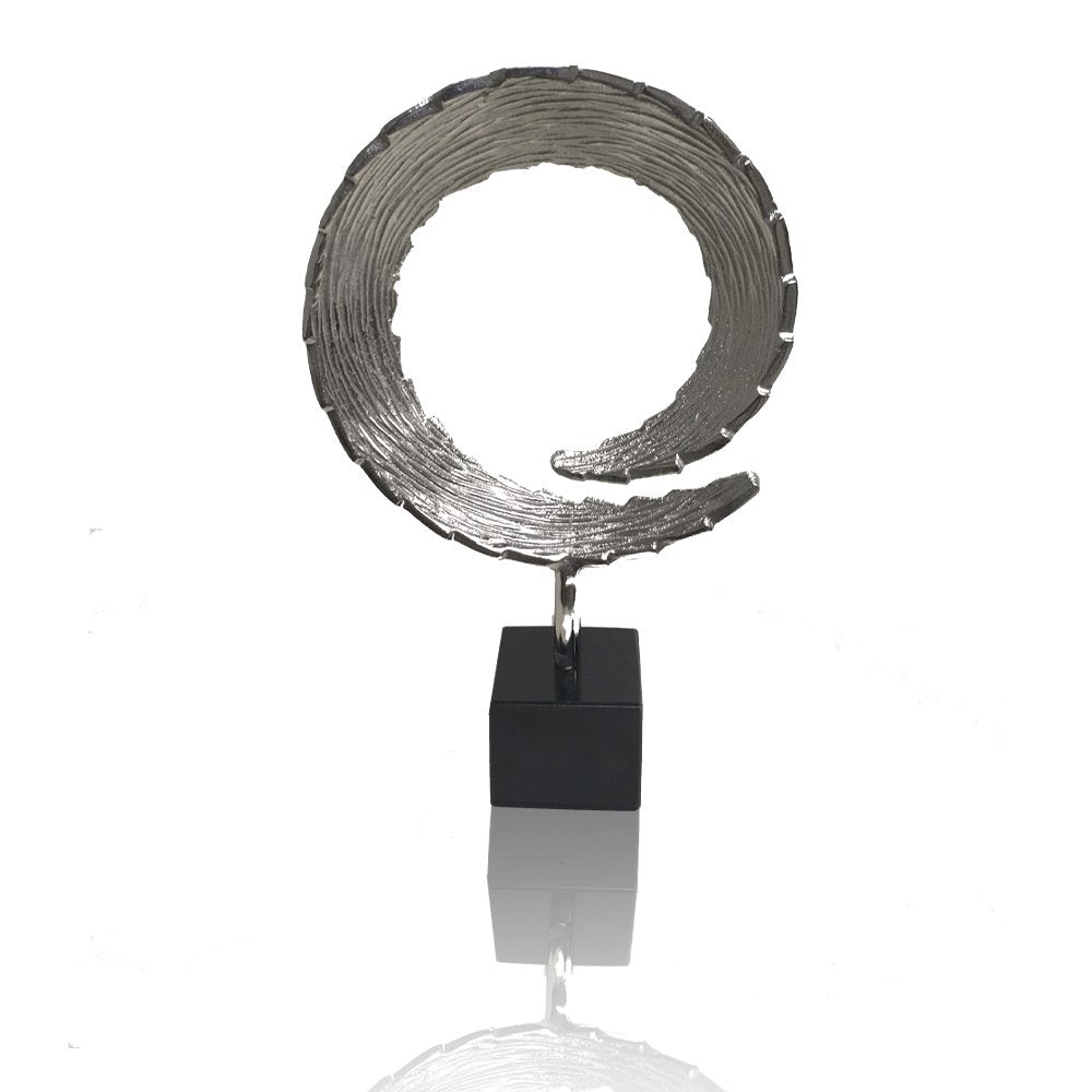 17" Black and Silver Marble and Aluminum Tabletop Sculpture. Sculpture isolated on a plain white background, finished in silver metal.