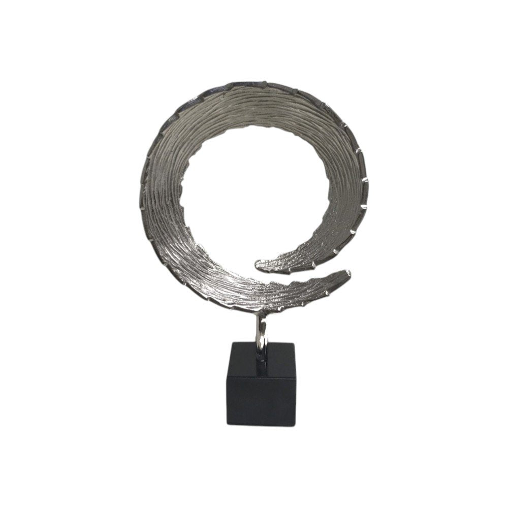 17" Black and Silver Marble and Aluminum Tabletop Sculpture. Sculpture isolated on a plain white background, in a silver metal finish.