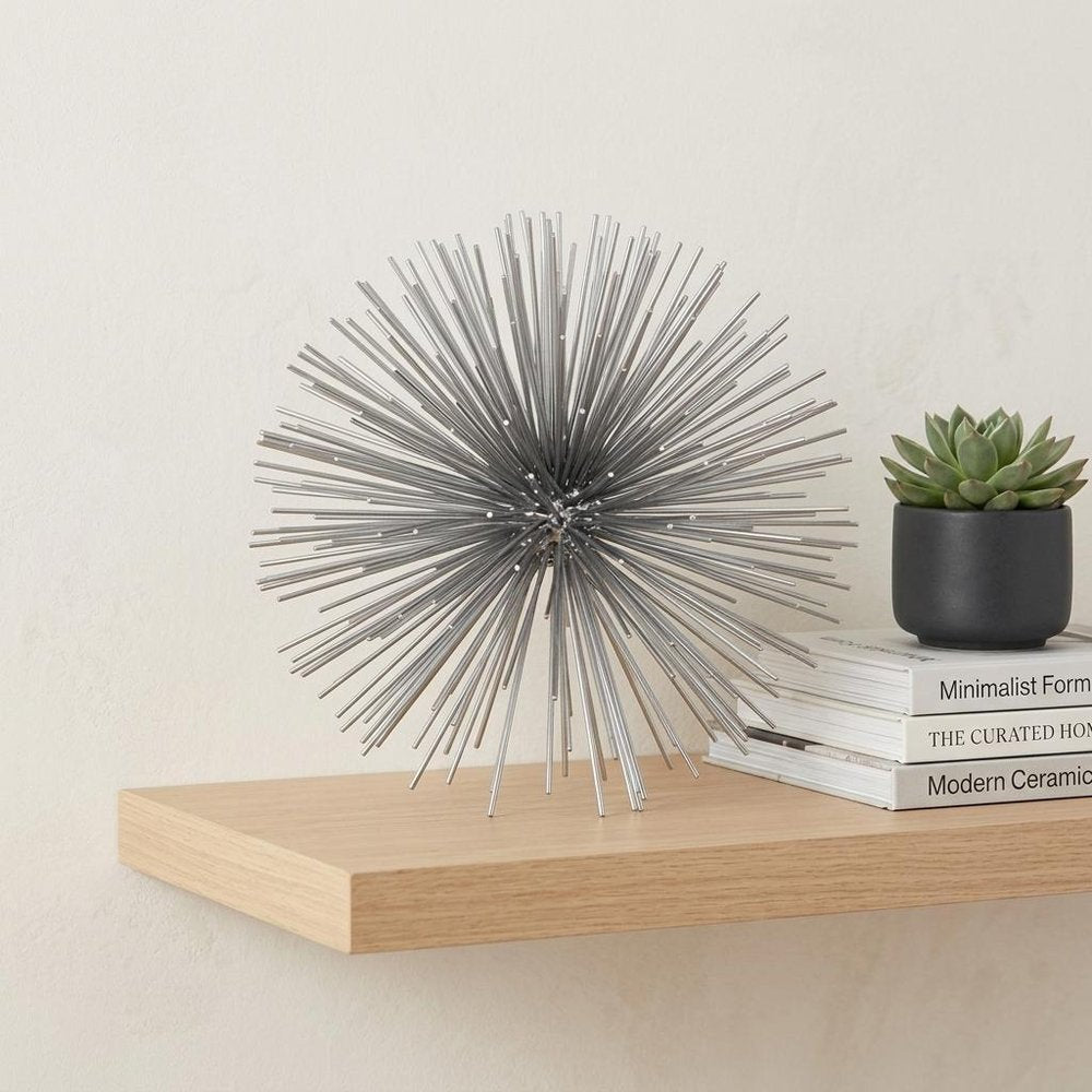 8" Silver Metal Spiky Sphere Tabletop Sculpture