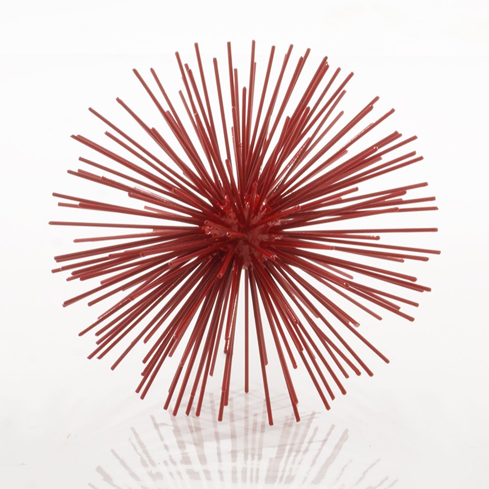 8" Red Spiked Iron Decorative Orb Tabletop Sculpture on a white background